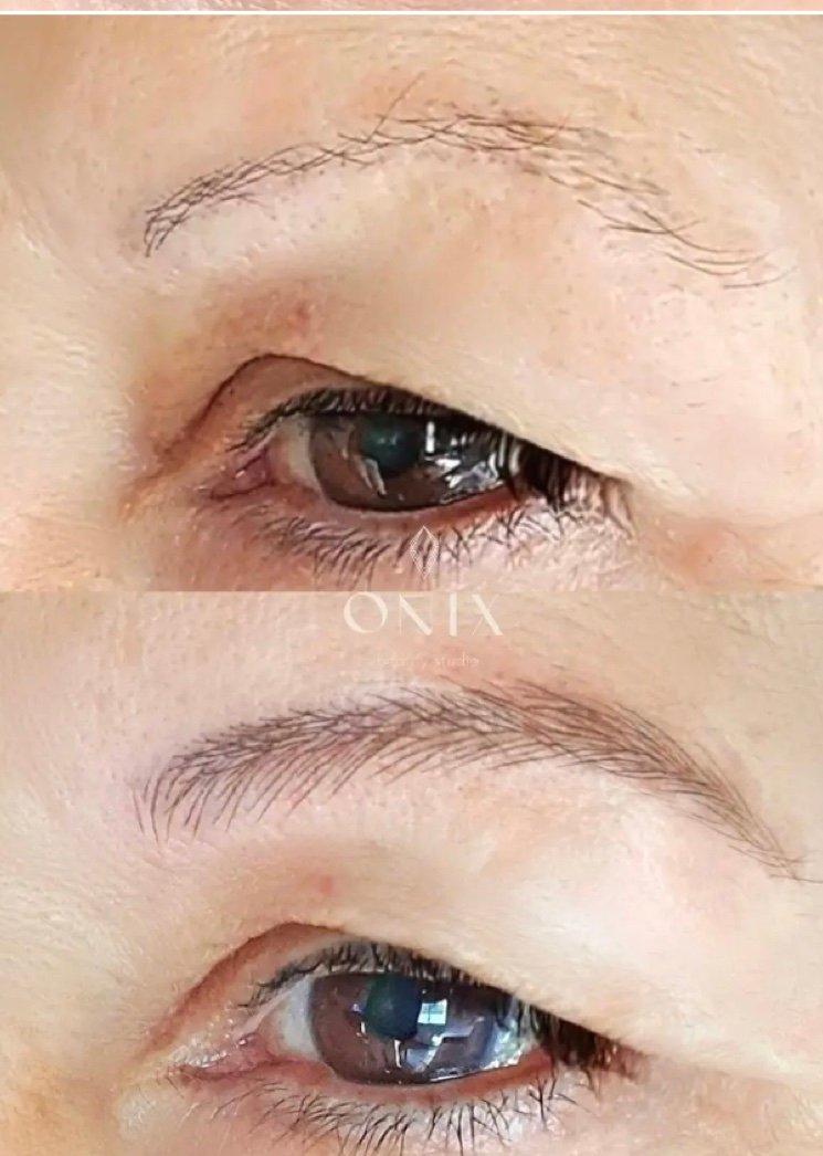 Detalle antes y después de cejas con técnica pelo a pelo