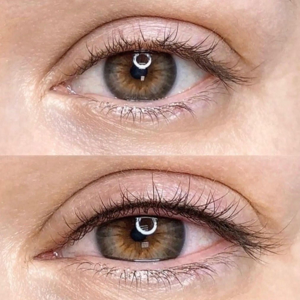 Antes y después de eyeliner permanente con acabado fino